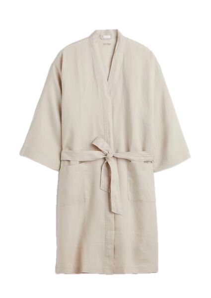 H&M ウォッシュリネンドレッシングガウン サイズL ベージュ ユニセックス リネン 100