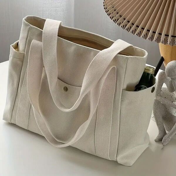 【新品】トートバッグ ポケット付き ハンドバッグ キャンバス 男女兼用 大容量