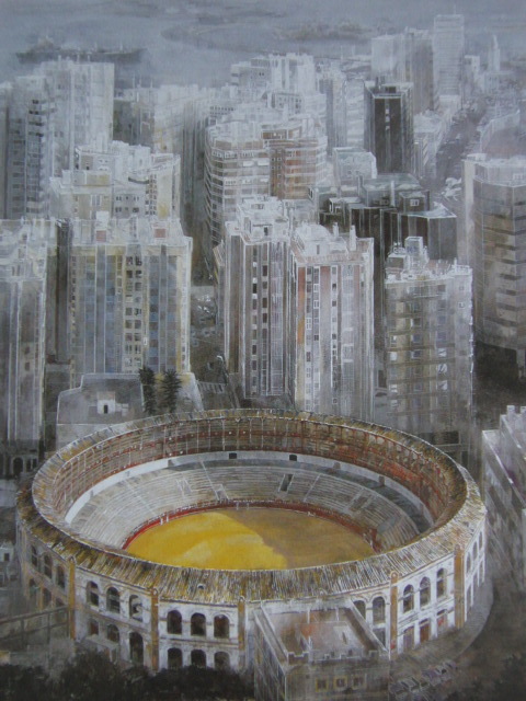 Riki Nakamachi, [Un pueblo con vistas a la plaza de toros], De un raro libro de arte enmarcado., Buen estado, Nuevo con marco, pintor japonés, gastos de envío incluidos, cuadro, pintura al óleo, Naturaleza, Pintura de paisaje