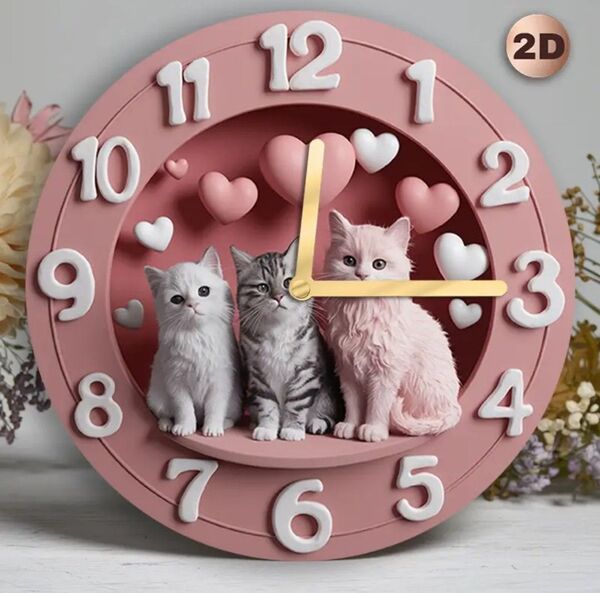 【掛け時計】ハートに囲まれた3匹の仔猫がかわいい【壁掛け時計】猫 インテリア 壁掛け時計 掛け時計