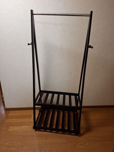 濃い茶色 木製2段ハンガーラック フック+ハンガーバーつき