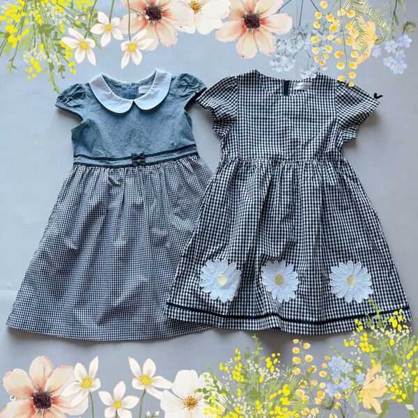 女の子 ワンピース 2着セット ギンガムチェック まとめ ドッキング ワンピ 女の子 花柄 夏服 膝丈 かわいい 襟付き
