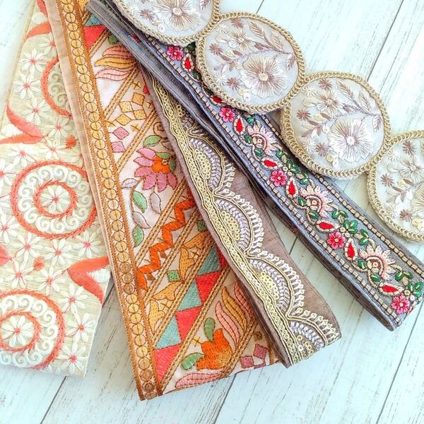 【59】インド刺繍リボン アソート5本 2.5m分 ハンドメイド資材 材料 お試しセット