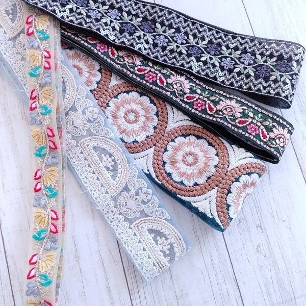 【38】インド刺繍リボン アソート5本 2.5m分 ハンドメイド資材 材料 お試しセット