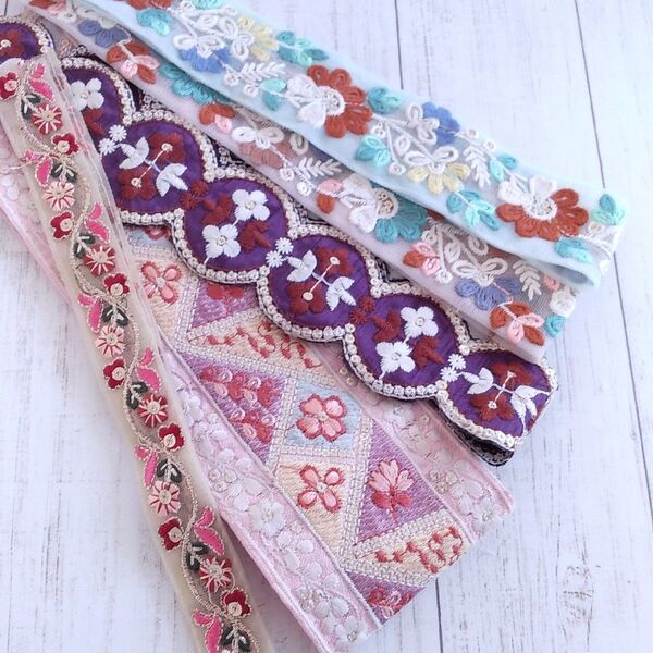 【39】インド刺繍リボン アソート5本 2.5m分 ハンドメイド資材 材料 お試しセット
