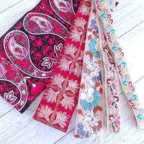 【40】インド刺繍リボン アソート5本 2.5m分 ハンドメイド資材 材料 お試しセット