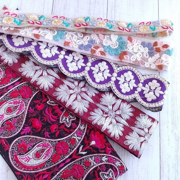 【60】インド刺繍リボン アソート5本 2.5m分 ハンドメイド資材 材料 お試しセット