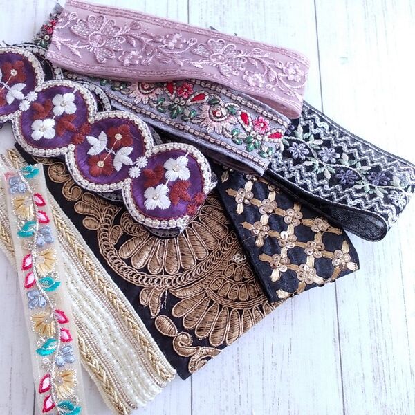 【43】インド刺繍リボン アソート8本 2.4m分 ハンドメイド資材 材料 お試しセット