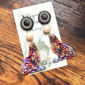 ボタン カラフル猫チャーム ピアス イヤリング ハンドメイド アクセサリー イヤリング