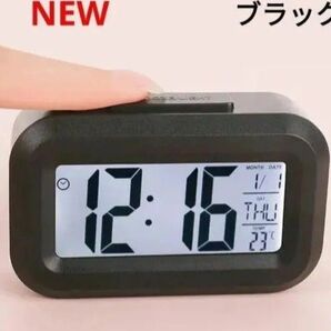 LED デジタル 目覚まし時計 温度計 カレンダー ホワイト 電池付き! ブラック 新品!