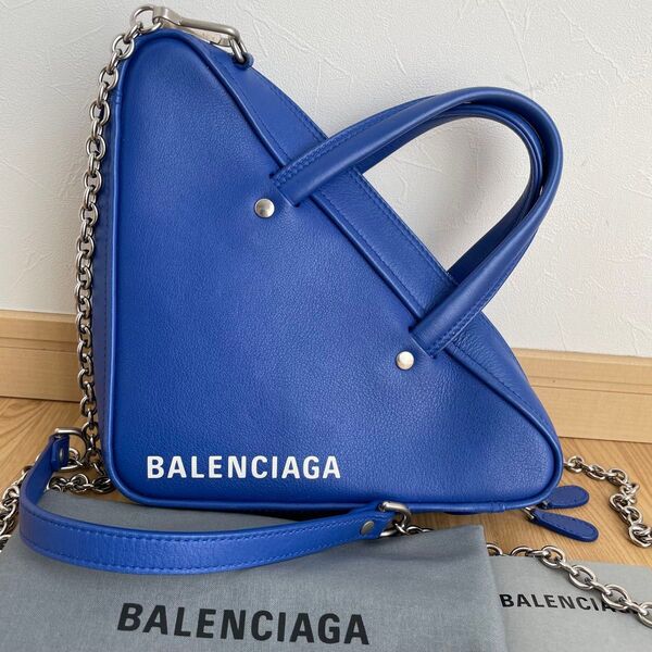 美品 BALENCIAGA バレンシアガ 2way チェーンショルダーバッグ ハンドバッグ トライアングルダッフルXS ブルー