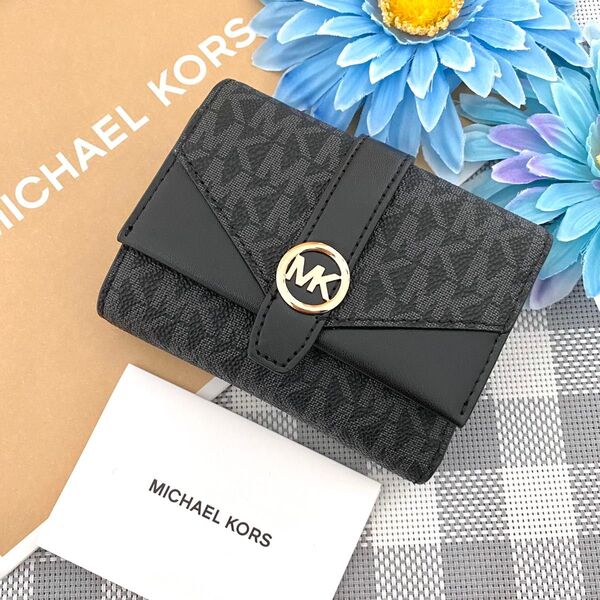 【新品】日本限定 MICHAEL KORS 折り財布 ブラック シグネチャー レザー 折り財布