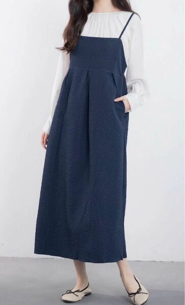 【新品】ワンピース ふくれジャガードタックデザインAラインキャミワンピース ネイビー レディースワンピース