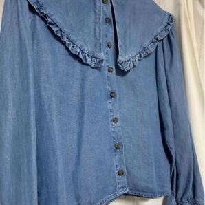 定価6,590円 ザラ ZARA ブラウス シャンブレー ピーターパンカラー リヨセル S 青 ブルー レディース