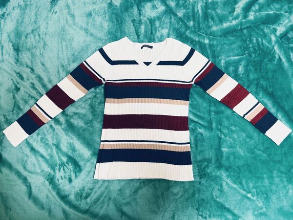 INGNI イング リブニット ボーダー ホワイト 秋 冬 春 美品 長袖 ニット セーター トップス M オフホワイト Vネック