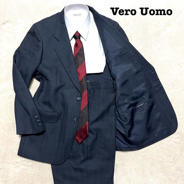 Vero Uomo ネイビー ストライプ ノータック フリーサイズ スーツ上下