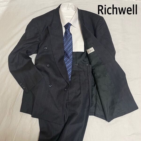 Richwell ネイビー ストライプ Lサイズ 2タック スーツ上下 ダブル