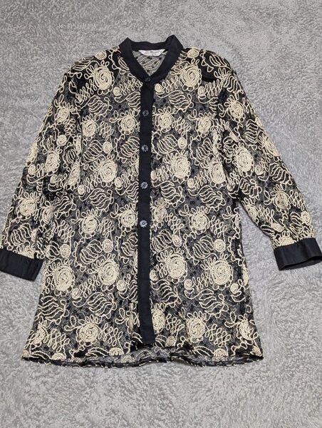 HARDY AMIES 黒メッシュ刺繍入りロング ブラウス シャツ 長袖