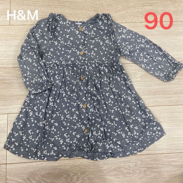 H&M ワンピース 90 花柄 ネイビー 女の子 エイチアンドエム 長袖