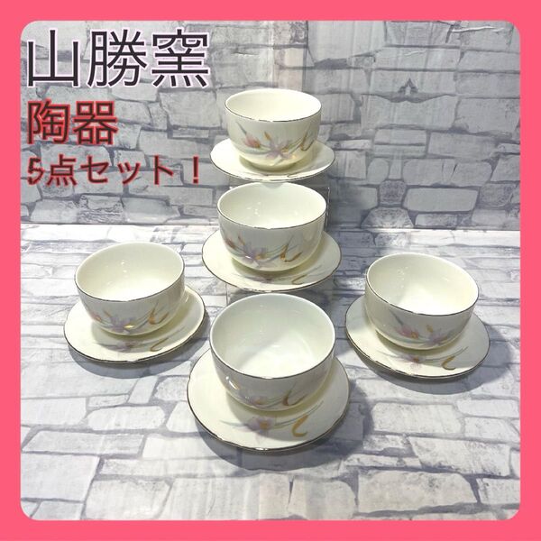 【山勝窯】美品未使用 花柄 陶器製 ティーカップ 5個セット ソーサー付き