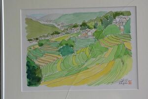 ●掘り出し物● 絵画 Shigeo 「千枚田のある景色」 池田町 風景画 美術品
