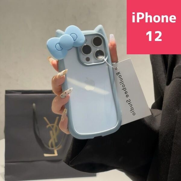 iPhone12 ケース カバー 猫耳 リボン かわいい 韓国 ブルー 人気