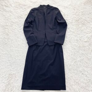 ESPRIMUR スカートスーツ ネイビー ストライプ ノーカラー サイズ9