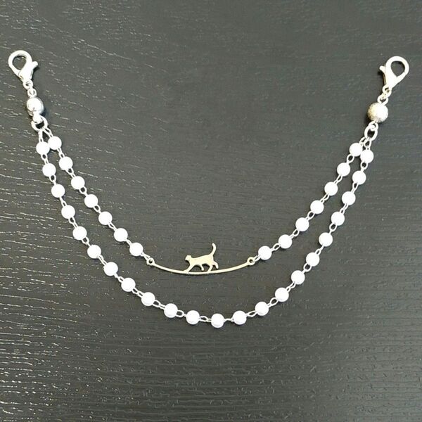 羽織紐 マグネット 猫の綱渡り 2連 パール 和装小物 ハンドメイド ネコ ねこ