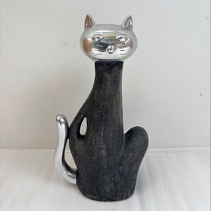 ヨーロッパ 黒猫 オブジェ 置物 猫置物 アンティーク 蚤の市 インテリア レア ラッキーキャット シルバーヘッド ストーンウェア