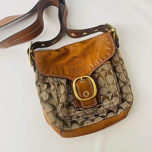 COACH コーチ シグネチャー ショルダーバッグ キャンバス レザー ベルトフラップ ブラウン系 ポシェット 斜めかけ