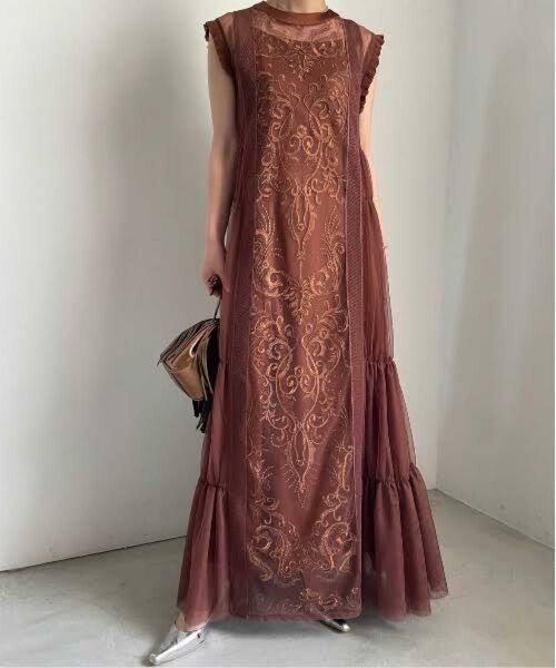 EMBROIDERY TULLE TIERED DRESSブラウンMサイズ