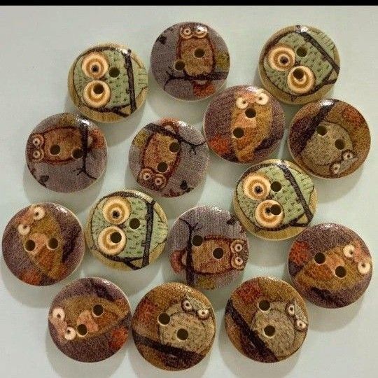 新品未使用 15mm イラストフクロウ 15コ ウッドボタン 木のボタン新品未使用
