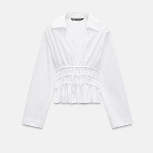 ZARA ロングスリーブトレンチ風シャツ ホワイト長袖シャツブラウス