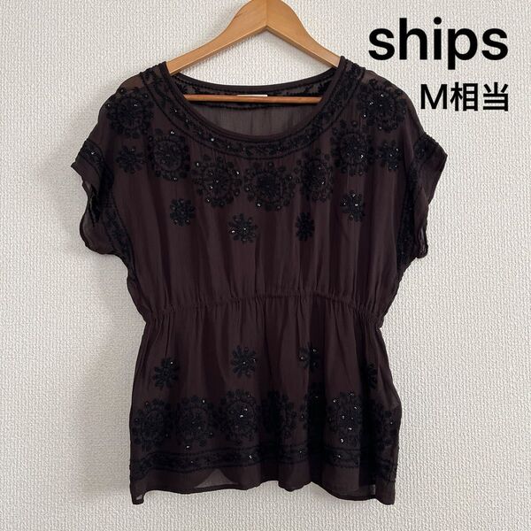 【ships 】シアートップス 刺繍×スパンコール 黒 M相当 夏コーデに!