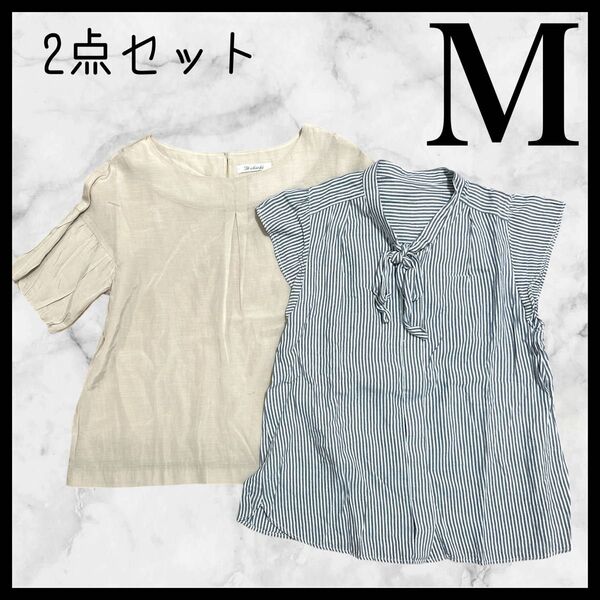 2点セット レディース トップス Mサイズ ベージュ ストライプ ブラウス オフィスカジュアル 春服 夏服 Techichi