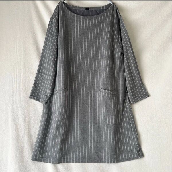 チュニック ワンピース ボーダー柄 グレー 七分袖 M