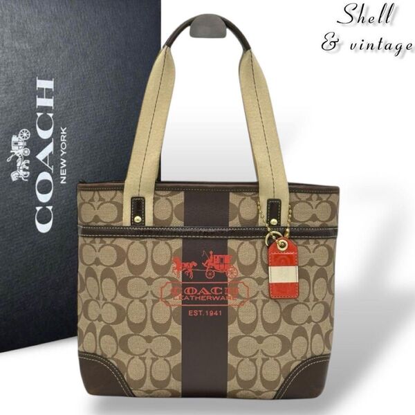 COACH コーチ ベージュ ブラウン シグネチャー ロゴ トートバッグ 普段使い 訳あり特価