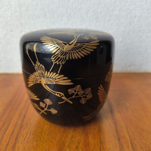 茶道具 黒棗 内銀 前端 春斎 松喰鶴蒔絵 箱あり