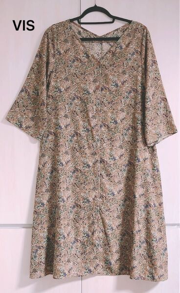 美品 VIS ビズ ワンピース カーディガン ロング 花柄 ベージュ ウエストの紐あり FREEサイズ