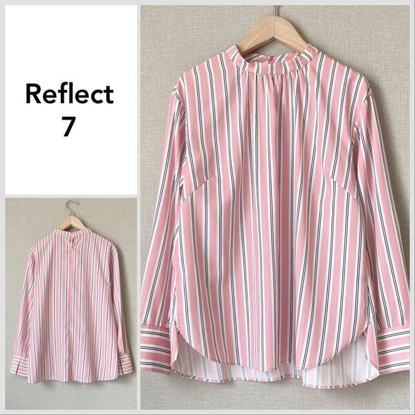 【美品♪】リフレクト バンドカラーストライプブラウス ピンク系
