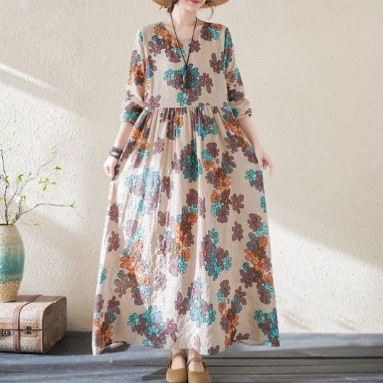 【新品】エスニック大きいサイズ レディースゆったりロングワンピース長袖 花柄夏秋春