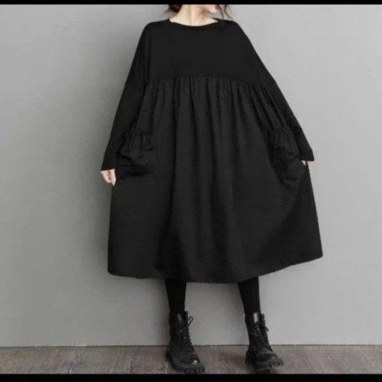 【新品】大きいサイズ レディースゆったりロングワンピース長袖 黒