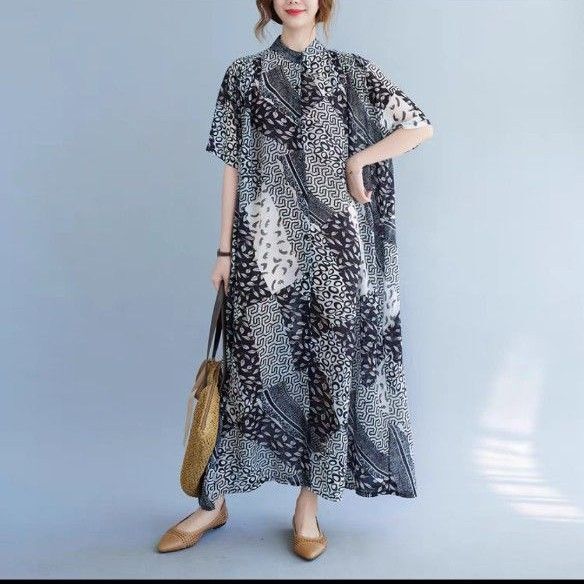 【新品】大人 大きいサイズ レディースゆったり 半袖ロングワンピース長袖春夏