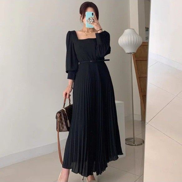 【新品】シンプル大きいサイズ レディースゆったり 韓国 ロングワンピース 長袖 結婚式 黒