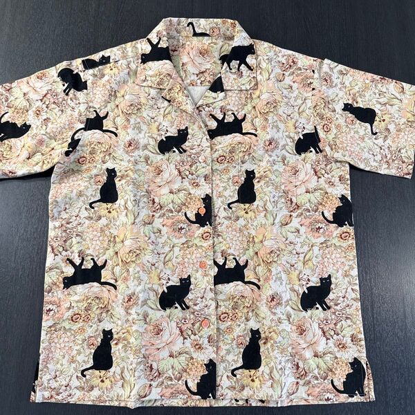【サンプル品特価】花と黒猫 オープンカラーシャツ アロハ Lサイズ相当