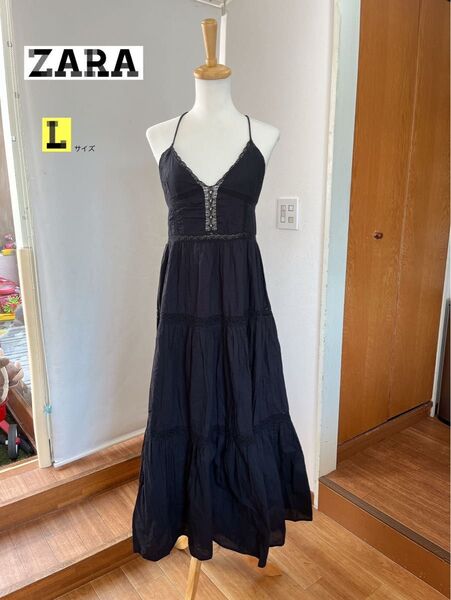 【美品】ZARA ティアードキャミワンピース バックリボン