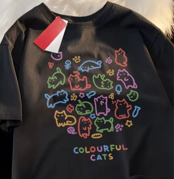 最終価格!カラフルな猫 Tシャツ レディース女性 ブラック