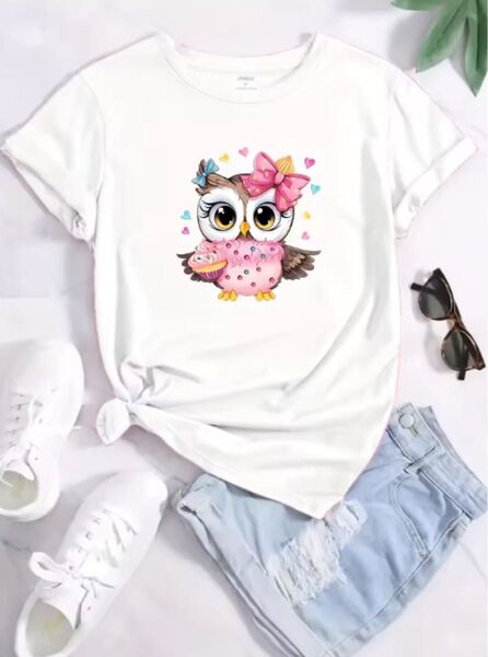 最終価格!可愛い キラキラ フクロウTシャツ レディース女性 白ホワイト Mサイズ
