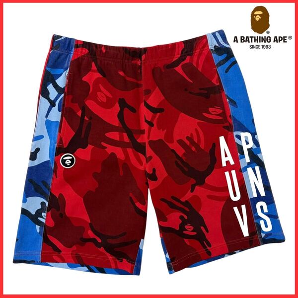 サイズXL APE エイプ BAPE ベイプ 迷彩 カモフラ サルカモ ロゴ ワッペン プリント ショート ハーフ パンツ レッド