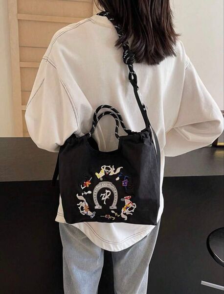 刺繍バッグ エコバッグ 馬 バッグ ブラック